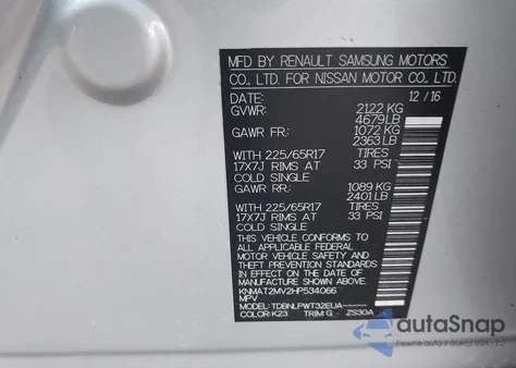 2017 Nissan Rogue S z USA, uszkodzony, nr VIN KNMAT2MV2HP534066